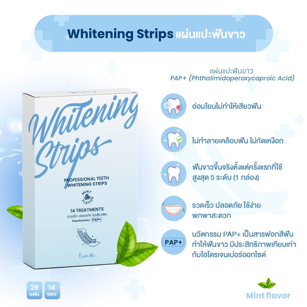 แผ่นแปะฟันขาว Linee PAP+ ซื้อ 2 แถม 1 รุ่น Dry strips ขาวไวx2 ไม่เสียวฟัน ไม่กัดเหงือก